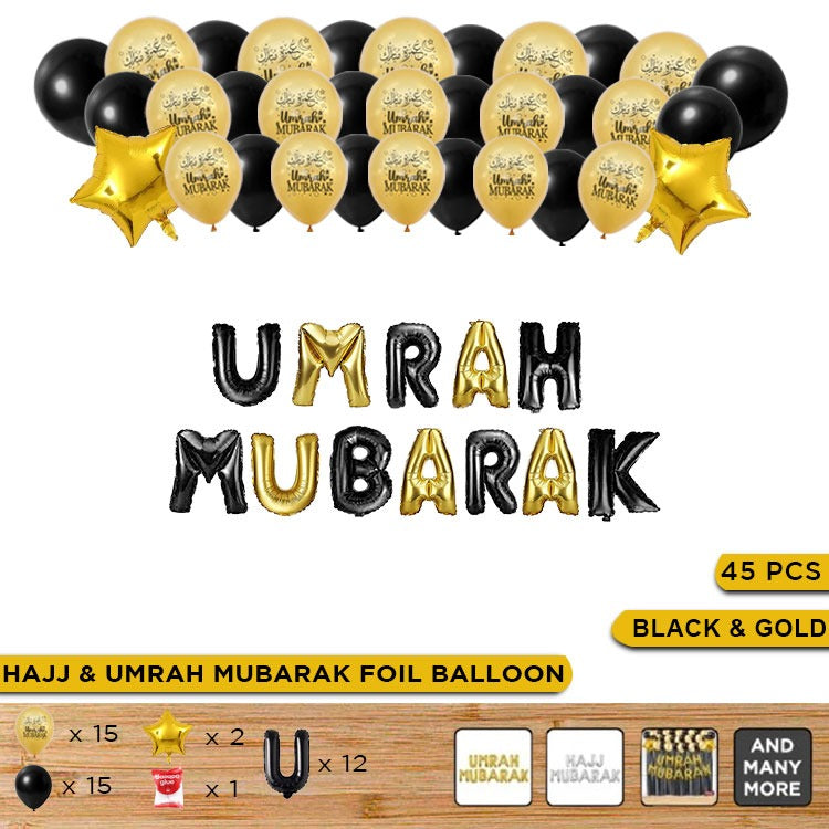 Umrah Mubarak Balloon Set (45 Pcs) – Black & Gold Foil Letter Balloons & Star Decoration Kit