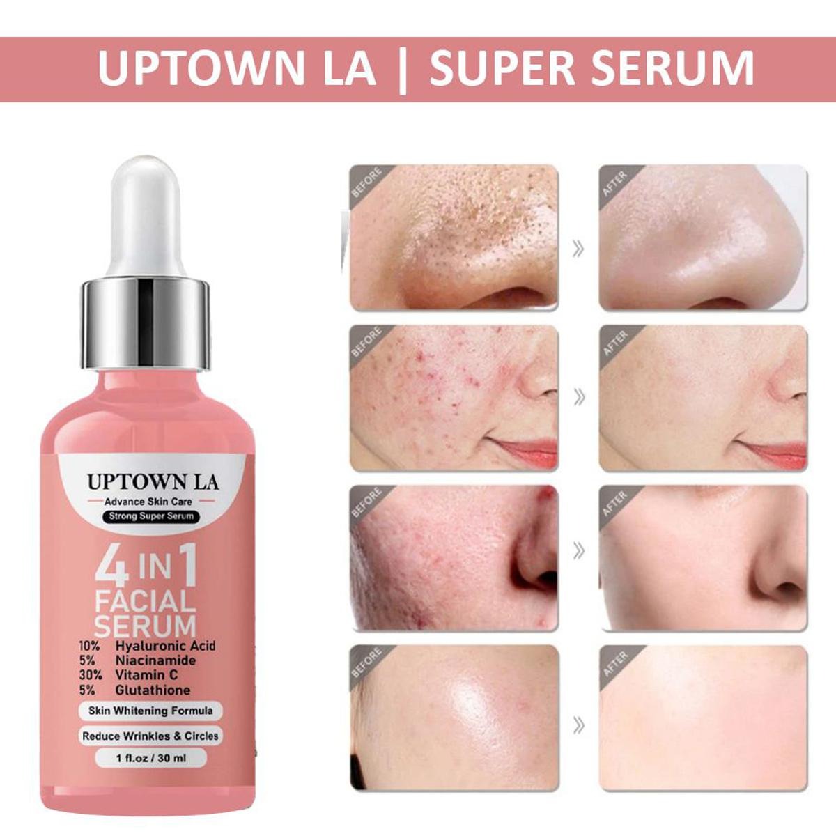 4-in-1 Facial Serum with Vitamin C, Hyaluronic Acid, Niacinamide & Glutathione – Brightening & Anti-Aging Face Serum for Glowing Skin