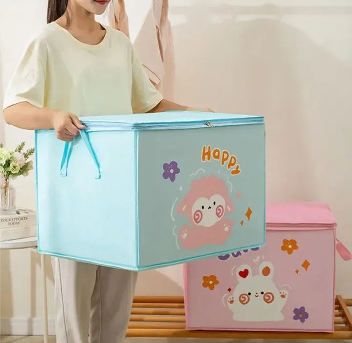 Foldable Clothes Storage Box – Large Cartoon Print Wardrobe Organizer Bag with Zipper & Clear Window | Quilt, Blanket & Clothing Storage Bin for Home