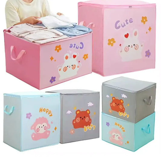 Foldable Clothes Storage Box – Large Cartoon Print Wardrobe Organizer Bag with Zipper & Clear Window | Quilt, Blanket & Clothing Storage Bin for Home