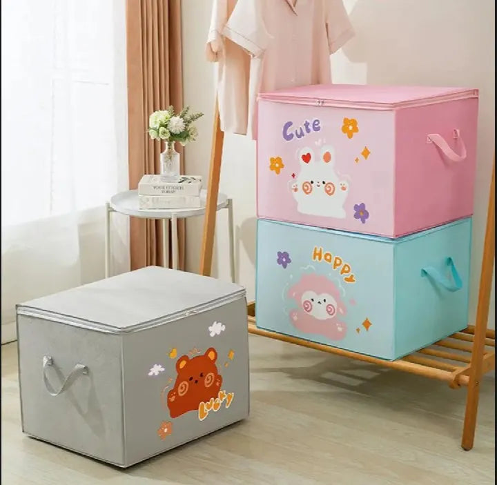 Foldable Clothes Storage Box – Large Cartoon Print Wardrobe Organizer Bag with Zipper & Clear Window | Quilt, Blanket & Clothing Storage Bin for Home