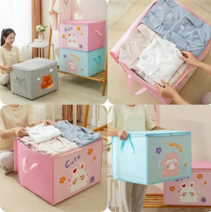 Foldable Clothes Storage Box – Large Cartoon Print Wardrobe Organizer Bag with Zipper & Clear Window | Quilt, Blanket & Clothing Storage Bin for Home