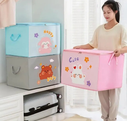 Foldable Clothes Storage Box – Large Cartoon Print Wardrobe Organizer Bag with Zipper & Clear Window | Quilt, Blanket & Clothing Storage Bin for Home