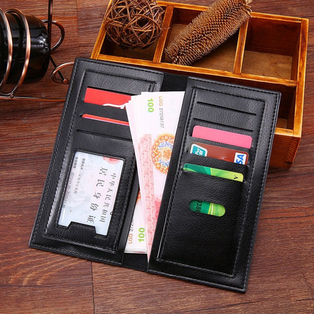 Long Bifold Leather Wallet for Men – Multi Card Holder Wallet with ID Window, Zipper Pocket & Cash Compartment | Slim PU Leather Purse