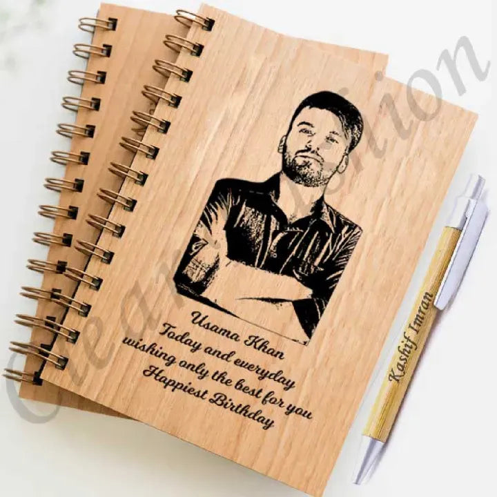 Personalized Wooden Diary with Photo & Name Engraving – Custom Spiral Notebook with Engraved Pen