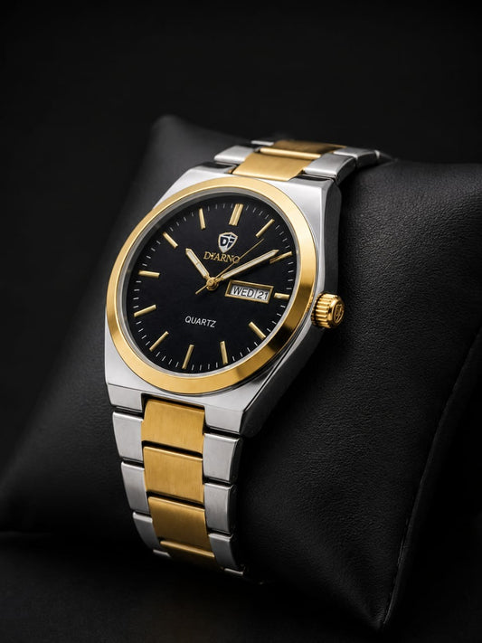 D'Arno Men's Two-Tone Gold & Silver Quartz Watch Men's Quartz Watch – Gold Silver Steel with Day-Date D'Arno Classic Quartz Watch for Men – Black Dial