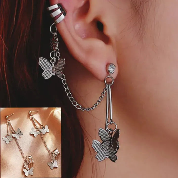 Silver Butterfly Chain Ear Cuff Earrings – Long Dangle Tassel Drop Earrings for Women & Girls