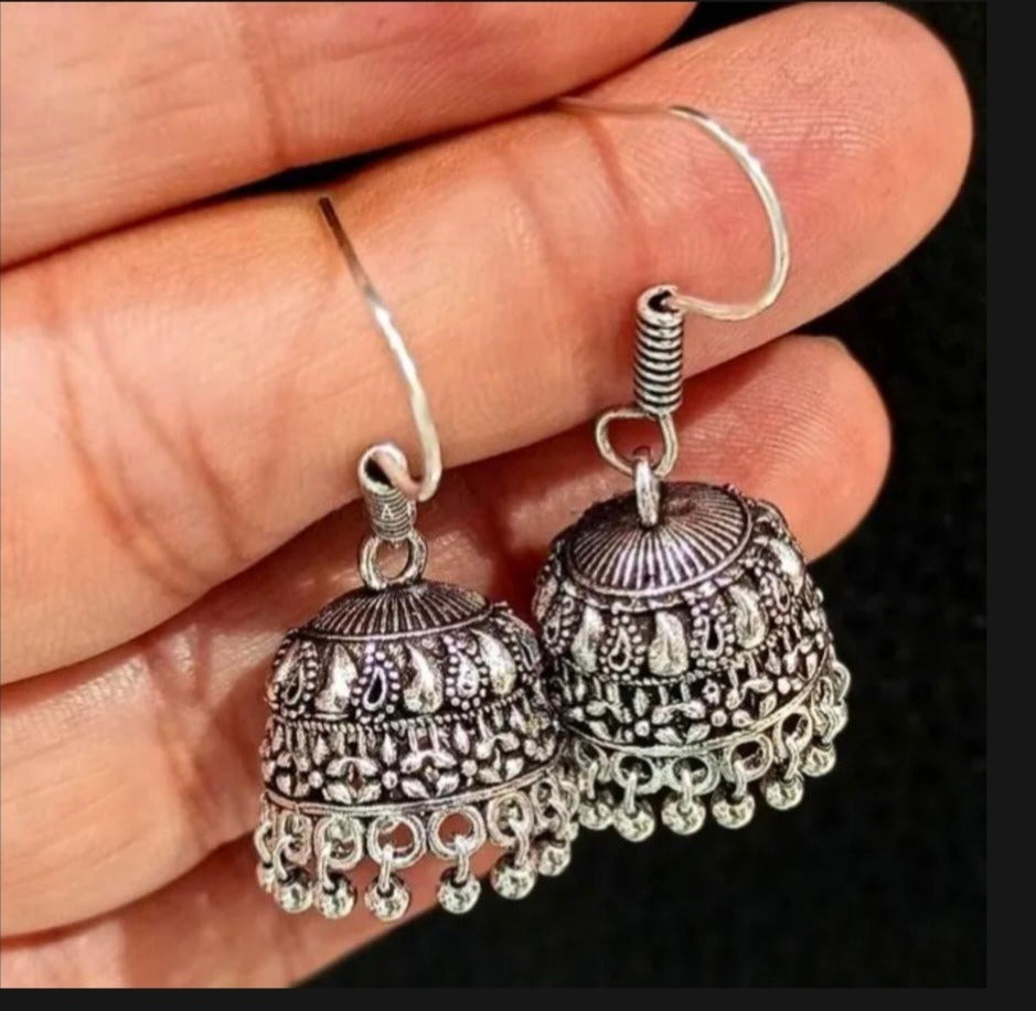 Oxidized Silver Jhumki Earrings – Traditional Afghani Jhumka Dangle Earrings for Women | Ethnic Boho Jewelry for Eid, Weddings & Mehndi