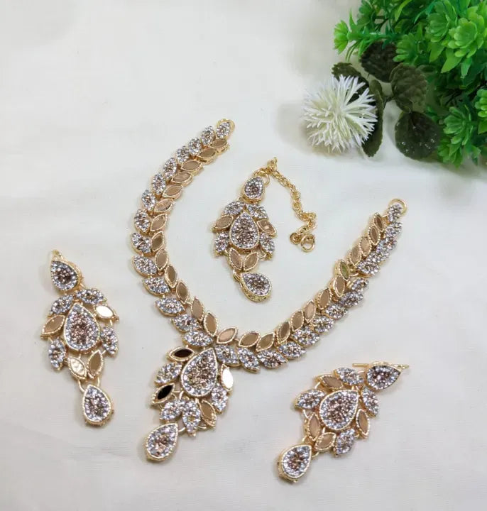 Silver Bridal Jewelry Set – Necklace, Earrings & Tikka | Kundan Mirror Work Jewelry Set for Weddings | Silver Bridal Necklace Set with Matching Tikka & Earrings