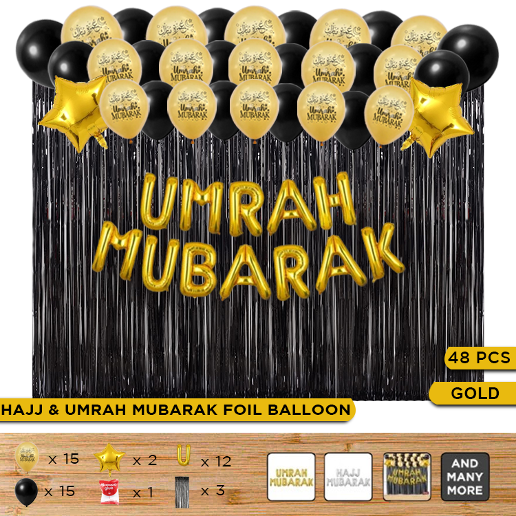 Umrah Mubarak Balloon Set (45 Pcs) – Black & Gold Foil Letter Balloons & Star Decoration Kit