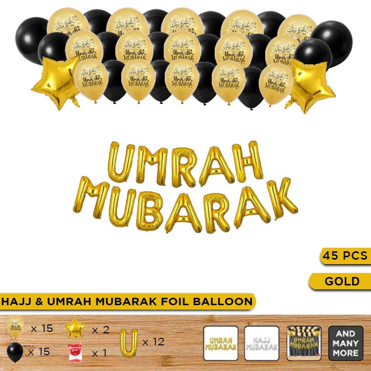 Umrah Mubarak Balloon Set (45 Pcs) – Black & Gold Foil Letter Balloons & Star Decoration Kit