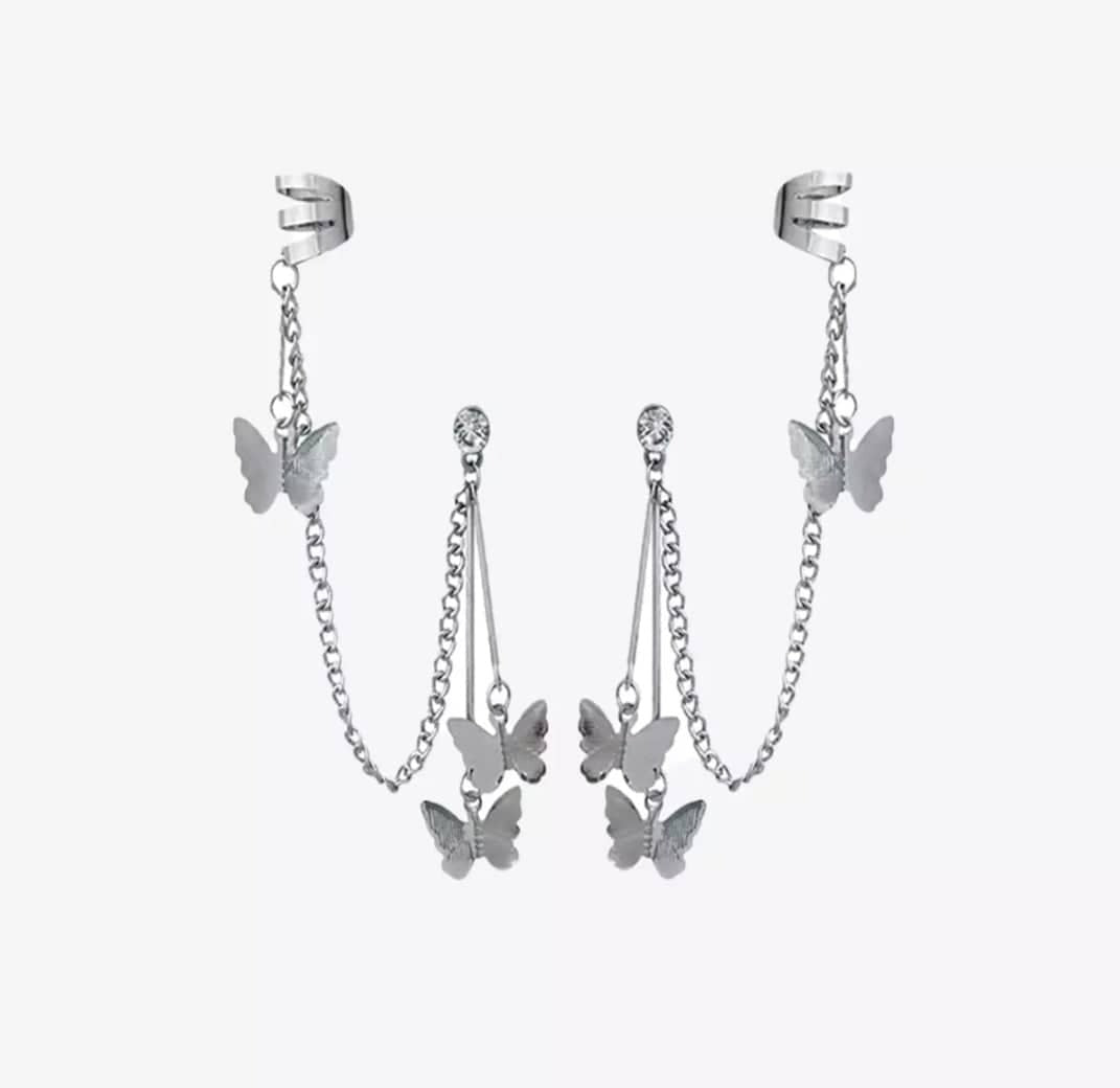 Silver Butterfly Chain Ear Cuff Earrings – Long Dangle Tassel Drop Earrings for Women & Girls
