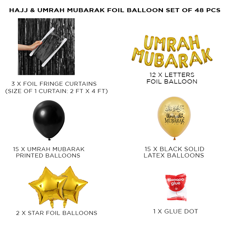 Umrah Mubarak Balloon Set (45 Pcs) – Black & Gold Foil Letter Balloons & Star Decoration Kit