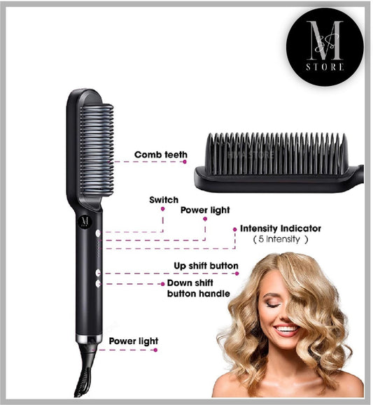 Hair Straightening Brush – 5 Heat Settings, Anti-Scald Electric Hair Straightener Comb – Fast & Frizz-Free Ceramic Hair Straightening Brush | 5 Intensity Levels
