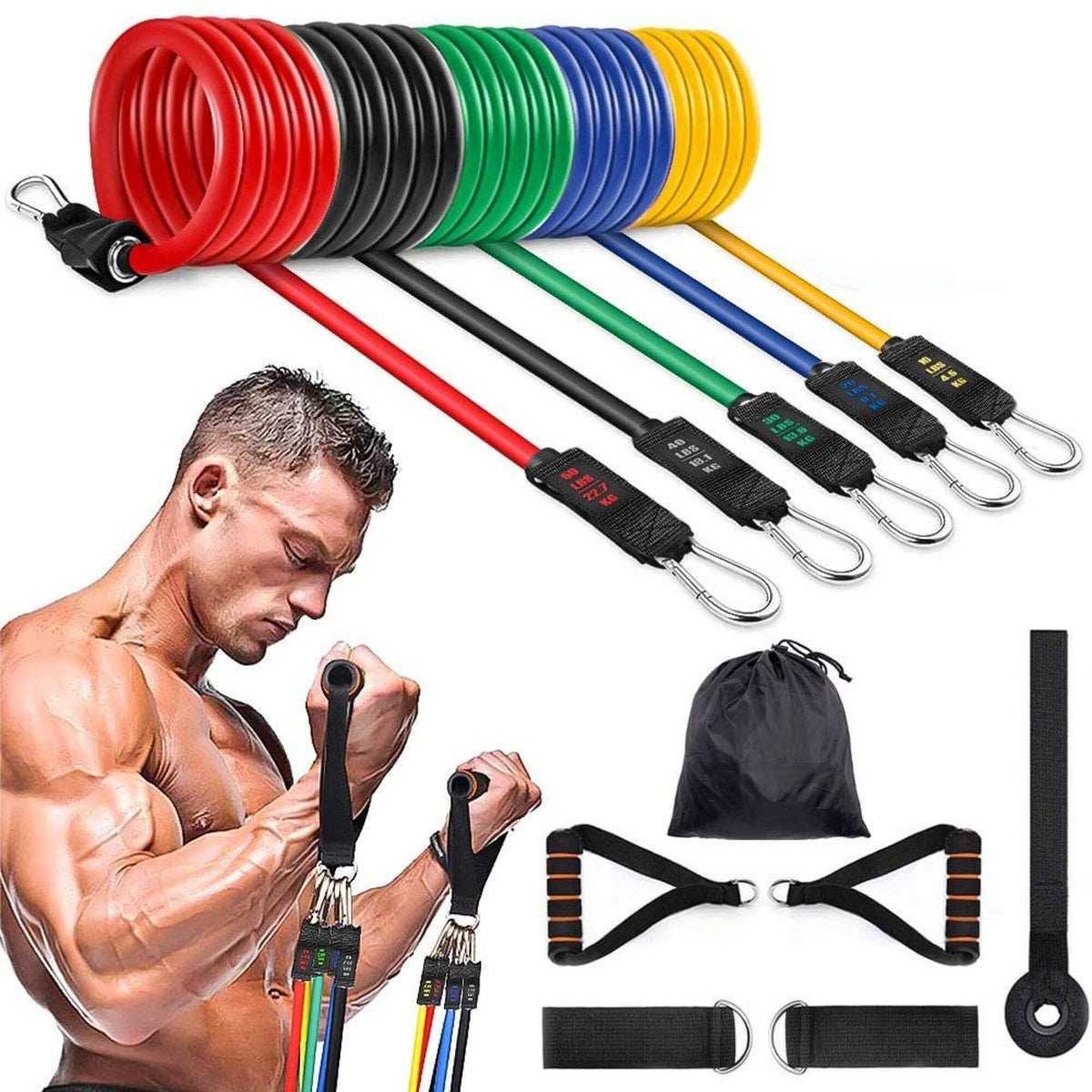 Resistance Bands Set 11 Pieces – Exercise Bands with Handles, Ankle Straps, Door Anchor & Carrying Bag | Home Gym Workout Kit for Full Body Training