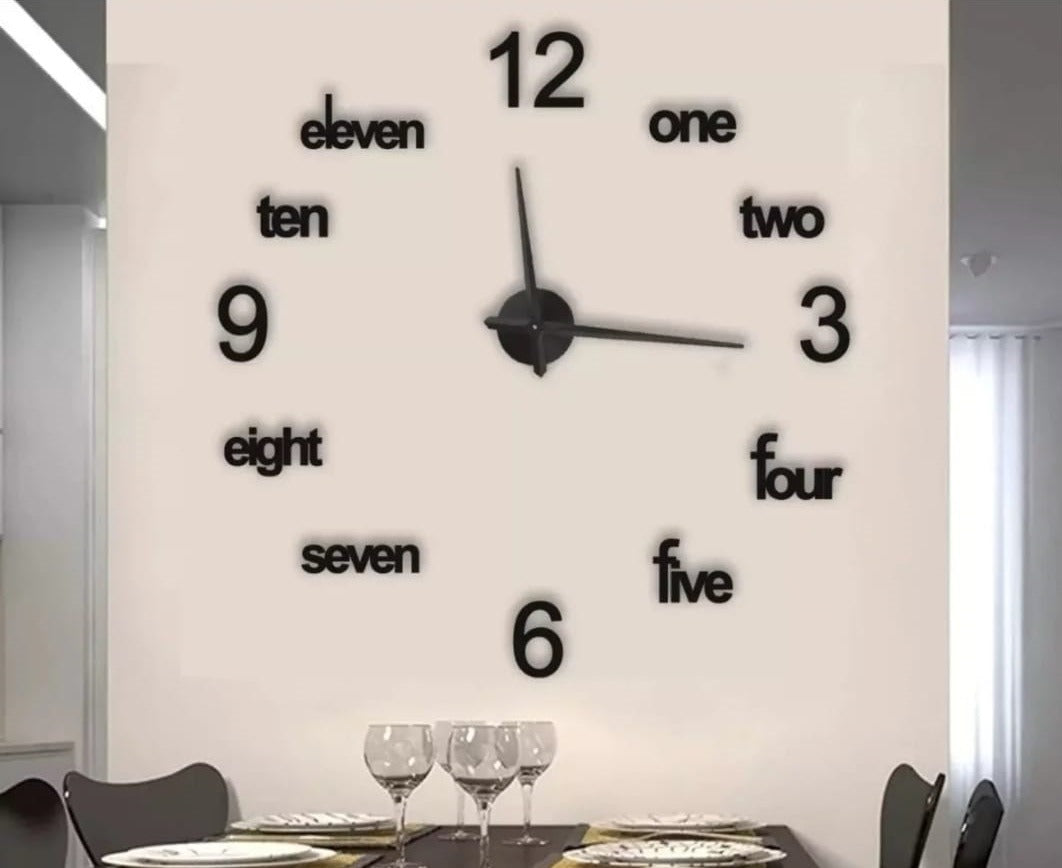 3D DIY Wall Clock – Modern Frameless Acrylic Number & Word Sticker Clock (Black)