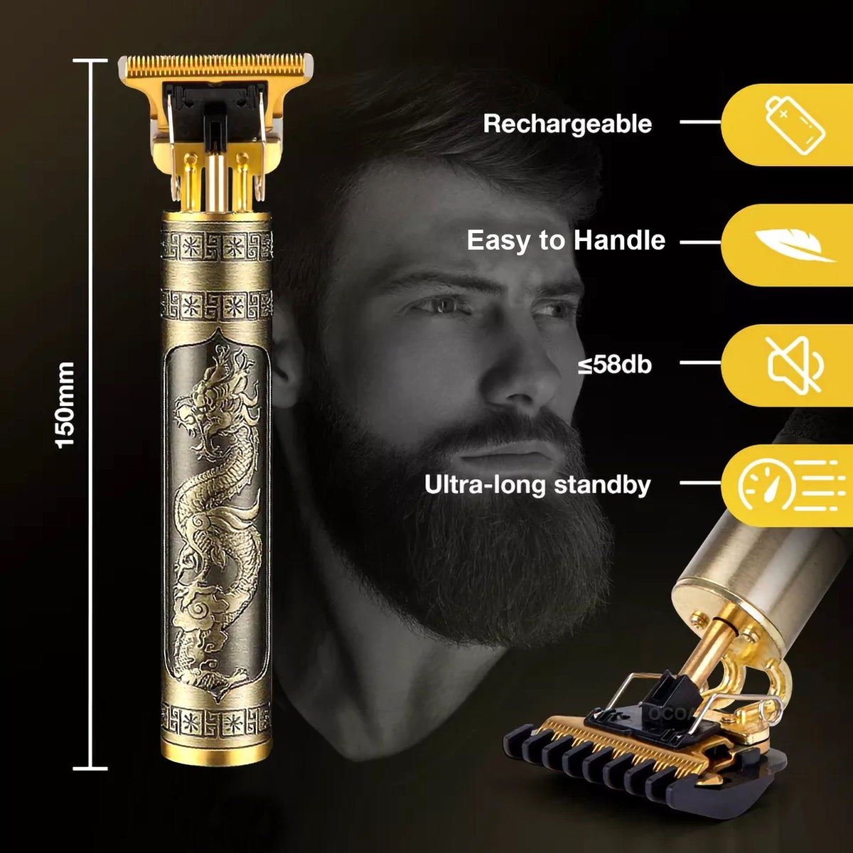 Vintage T9 Dragon Rechargeable Hair Trimmer – Gold Finish Beard & Hair Shaver for Men