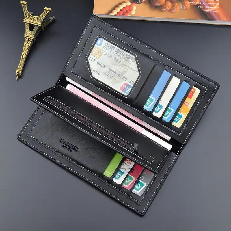 Long Bifold Leather Wallet for Men – Multi Card Holder Wallet with ID Window, Zipper Pocket & Cash Compartment | Slim PU Leather Purse